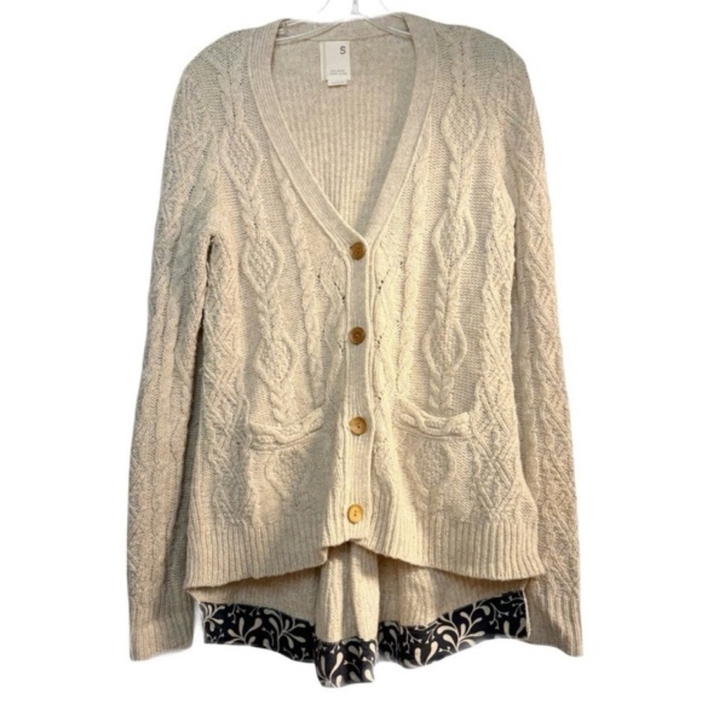 Anthropologie Far Away From Close Beige Cable Knit Cardigan with Navy Blue Trim